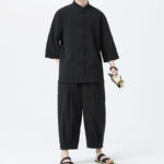Buddha Stones 2Pcs Solid Frog-Button Three Quarter Sleeve Shirt Pants Men's Set - image 25