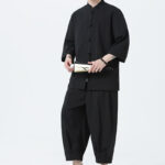 Buddha Stones 2Pcs Solid Frog-Button Three Quarter Sleeve Shirt Pants Men's Set - image 21