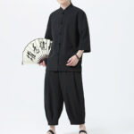 Buddha Stones 2Pcs Solid Frog-Button Three Quarter Sleeve Shirt Pants Men's Set - image 26