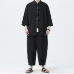 Buddha Stones 2Pcs Solid Frog-Button Three Quarter Sleeve Shirt Pants Men's Set - image 24