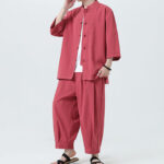 Buddha Stones 2Pcs Solid Frog-Button Three Quarter Sleeve Shirt Pants Men's Set - image 34