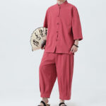 Buddha Stones 2Pcs Solid Frog-Button Three Quarter Sleeve Shirt Pants Men's Set - image 29