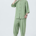 Buddha Stones 2Pcs Solid Frog-Button Three Quarter Sleeve Shirt Pants Men's Set - image 39