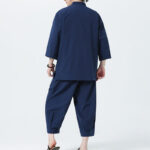 Buddha Stones 2Pcs Solid Frog-Button Three Quarter Sleeve Shirt Pants Men's Set - image 46