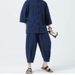 Buddha Stones 2Pcs Solid Frog-Button Three Quarter Sleeve Shirt Pants Men's Set - image 49