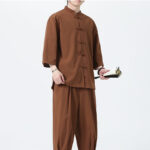 Buddha Stones 2Pcs Solid Frog-Button Three Quarter Sleeve Shirt Pants Men's Set - image 60