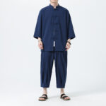 Buddha Stones 2Pcs Solid Frog-Button Three Quarter Sleeve Shirt Pants Men's Set - image 51