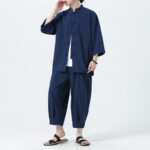 Buddha Stones 2Pcs Solid Frog-Button Three Quarter Sleeve Shirt Pants Men's Set - image 47