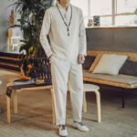 Buddha Stones 2Pcs Cotton Shirt Ankle-Length Pants With Pockets Men's Meditation Cloth Set - image 3