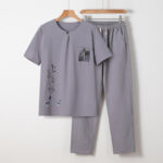 Buddha Stones 2Pcs Chinese Characters Crane Cotton Shirt Pants With Pockets Men's Meditation Cloth Set - LightGrey - US/UK/AU46，EU56 (5XL) - image 1