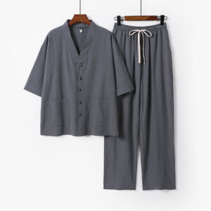 Buddha Stones 2Pcs Summer V-Neck Cotton Shirt Pants With Pockets Men's Meditation Cloth Set - LightGrey - US/UK/AU56，EU66(9XL) - image 1
