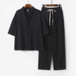 Buddha Stones 2Pcs Summer V-Neck Cotton Shirt Pants With Pockets Men's Meditation Cloth Set - Black - US/UK/AU56，EU66(9XL) - image 12