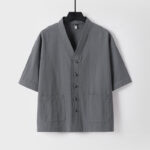 Buddha Stones 2Pcs Summer V-Neck Cotton Shirt Pants With Pockets Men's Meditation Cloth Set - image 2