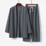 Buddha Stones 2Pcs Cotton Kimono Ankle-Length Pants Men's Meditation Cloth Set - Gray - US/UK/AU54，EU64 (9XL) - image 1