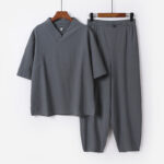 Buddha Stones 2Pcs V-Neck Cotton Half Sleeve Shirt Pants With Pockets Men's Meditation Cloth Set - Gray - US/UK/AU56，EU66(9XL) - image 8