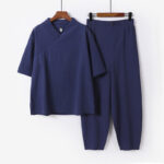 Buddha Stones 2Pcs V-Neck Cotton Half Sleeve Shirt Pants With Pockets Men's Meditation Cloth Set - SteelBlue - US/UK/AU56，EU66(9XL) - image 1