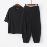 Buddha Stones 2Pcs V-Neck Cotton Half Sleeve Shirt Pants With Pockets Men's Meditation Cloth Set - Black - US/UK/AU56，EU66(9XL) - image 17
