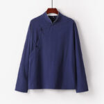 Buddha Stones Vintage Plain Chinese Frog-Button Cotton Long Sleeve Men's Shirt - SteelBlue - US/UK/AU50，EU60 (7XL) - image 1