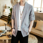 Buddha Stones Vintage Plain Lapel Open Front Jacket Cotton Men's Kimono - LightGrey - US/UK/AU46，EU56 (5XL) - image 9