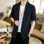 Buddha Stones Vintage Plain Lapel Open Front Jacket Cotton Men's Kimono - Black - US/UK/AU46，EU56 (5XL) - image 17