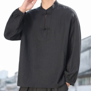 Buddha Stones Two Frog-Button Stand Collar Long Sleeve Men's Cotton Shirt - Black - US/UK/AU48，EU58(5XL) - image 1