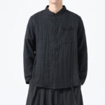 Buddha Stones Vintage Plain Buttons Down Stand Collar Long Sleeve Men's Cotton Shirt - Black - US/UK/AU48，EU58(5XL) - image 10