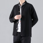 Buddha Stones Embroidered Auspicious Clouds Stand Collar Button Down Long Sleeve Men's Cotton Shirt - Black - US/UK/AU46，EU56 (5XL) - image 1