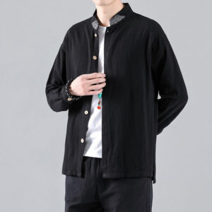 Buddha Stones Embroidered Auspicious Clouds Stand Collar Button Down Long Sleeve Men's Cotton Shirt - Black - US/UK/AU46，EU56 (5XL) - image 1