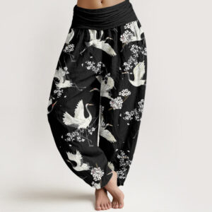 Buddha Stones Casual Elegant Crane Flower Pattern Women's Elastic Waist Harem Pants - Black - US22，UK/AU26，EU54 (6XL) - image 1