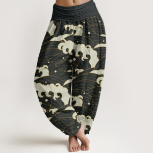 Buddha Stones Casual Abstract Wave Pattern Women's Elastic Waist Harem Pants - Black - US22，UK/AU26，EU54 (6XL) - image 1