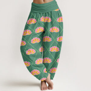 Buddha Stones Casual Vibrant Lotus Flower Pattern Women's Elastic Waist Harem Pants - MediumSeaGreen - US22，UK/AU26，EU54 (6XL) - image 1