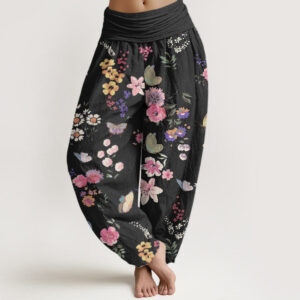 Buddha Stones Casual Colorful Flowers Butterfly Pattern Women's Elastic Waist Harem Pants - Black - US22，UK/AU26，EU54 (6XL) - image 1