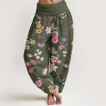 Buddha Stones Casual Colorful Flowers Butterfly Pattern Women's Elastic Waist Harem Pants - DarkOliveGreen - US22，UK/AU26，EU54 (6XL) - image 5