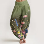 Buddha Stones Casual Watercolor Style Floral Pattern Women's Elastic Waist Harem Pants - OliveDrab - US22，UK/AU26，EU54 (6XL) - image 5