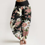 Buddha Stones Casual Cranes Blooming Peony Pattern Women's Elastic Waist Harem Pants - Black - US22，UK/AU26，EU54 (6XL) - image 1