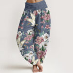 Buddha Stones Casual Cranes Blooming Peony Pattern Women's Elastic Waist Harem Pants - CornflowerBlue - US22，UK/AU26，EU54 (6XL) - image 5