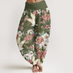 Buddha Stones Casual Cranes Blooming Peony Pattern Women's Elastic Waist Harem Pants - OliveDrab - US22，UK/AU26，EU54 (6XL) - image 8