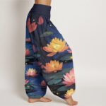Buddha Stones Casual Peaceful Nighttime Lotus Pattern Women's Elastic Waist Harem Pants - image 2