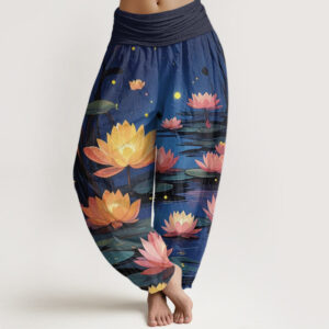 Buddha Stones Casual Peaceful Nighttime Lotus Pattern Women's Elastic Waist Harem Pants - Navy - US22，UK/AU26，EU54 (6XL) - image 1