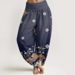 Buddha Stones Casual Blooming Flowers Pattern Women's Elastic Waist Harem Pants - Navy - US22，UK/AU26，EU54 (6XL) - image 1