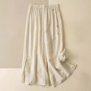 Buddha Stones Retro Casual Embroidery Design Drawstring Cotton Linen Women's Wide Leg Pants With Pockets