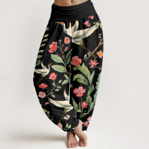 Buddha Stones Casual Red Flowers Crane Pattern Women's Elastic Waist Harem Pants - Black - US22，UK/AU26，EU54 (6XL) - image 1