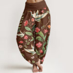 Buddha Stones Casual Red Flowers Crane Pattern Women's Elastic Waist Harem Pants - SaddleBrown - US22，UK/AU26，EU54 (6XL) - image 5