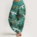 Buddha Stones Casual Red-crowned Crane Pine Tree Pattern Women's Elastic Waist Harem Pants - MediumSeaGreen - US22，UK/AU26，EU54 (6XL) - image 1