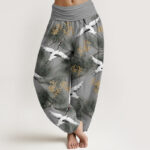 Buddha Stones Casual Red-crowned Crane Pine Tree Pattern Women's Elastic Waist Harem Pants - Gray - US22，UK/AU26，EU54 (6XL) - image 8