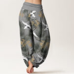 Buddha Stones Casual Red-crowned Crane Pine Tree Pattern Women's Elastic Waist Harem Pants - image 10