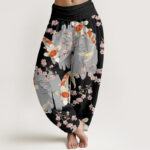 Buddha Stones Casual Koi Fish Cherry Blossom Pattern Women's Elastic Waist Harem Pants - Black - US22，UK/AU26，EU54 (6XL) - image 5