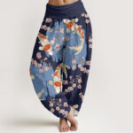 Buddha Stones Casual Koi Fish Cherry Blossom Pattern Women's Elastic Waist Harem Pants - MidnightBlue - US22，UK/AU26，EU54 (6XL) - image 8