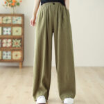 Buddha Stones Commute Button Design Women's Cotton Linen Elastic Waistband Pants With Pockets - image 4