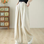 Buddha Stones Commute Button Design Women's Cotton Linen Elastic Waistband Pants With Pockets - image 14